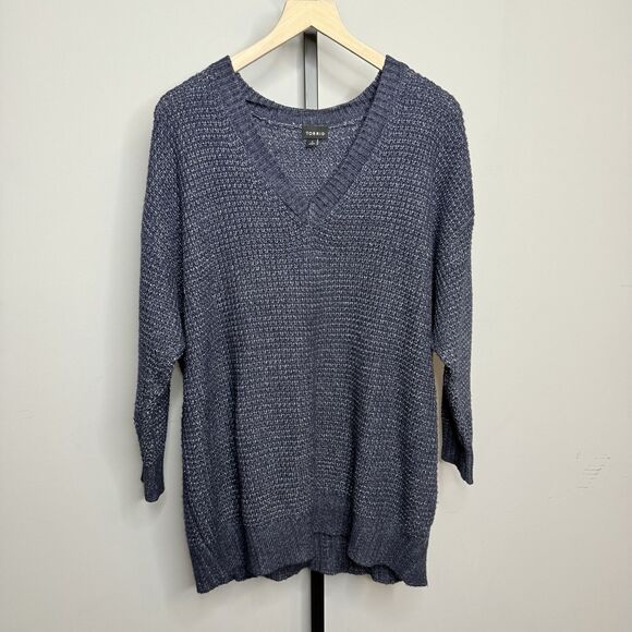 Torrid Waffle Knit Navy Blue V Neck Pullover Sweater Size 2X - Picture 2 of 7